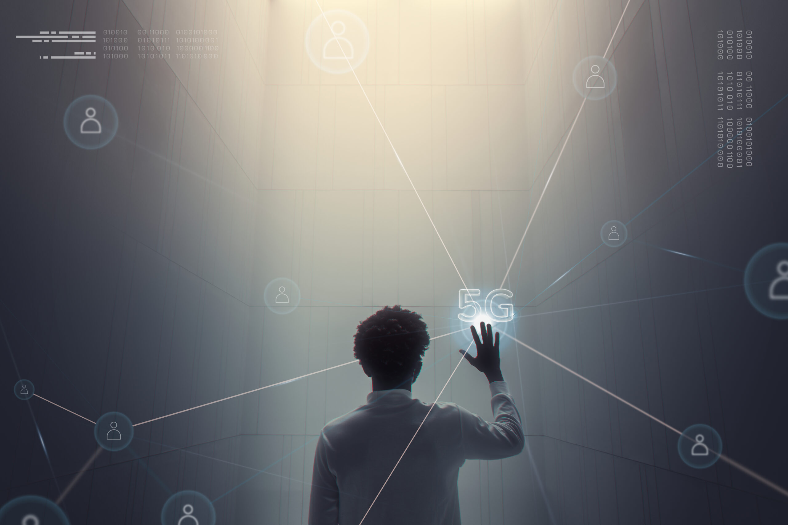 5G connection technology background with man using futuristic virtual screen digital remix
